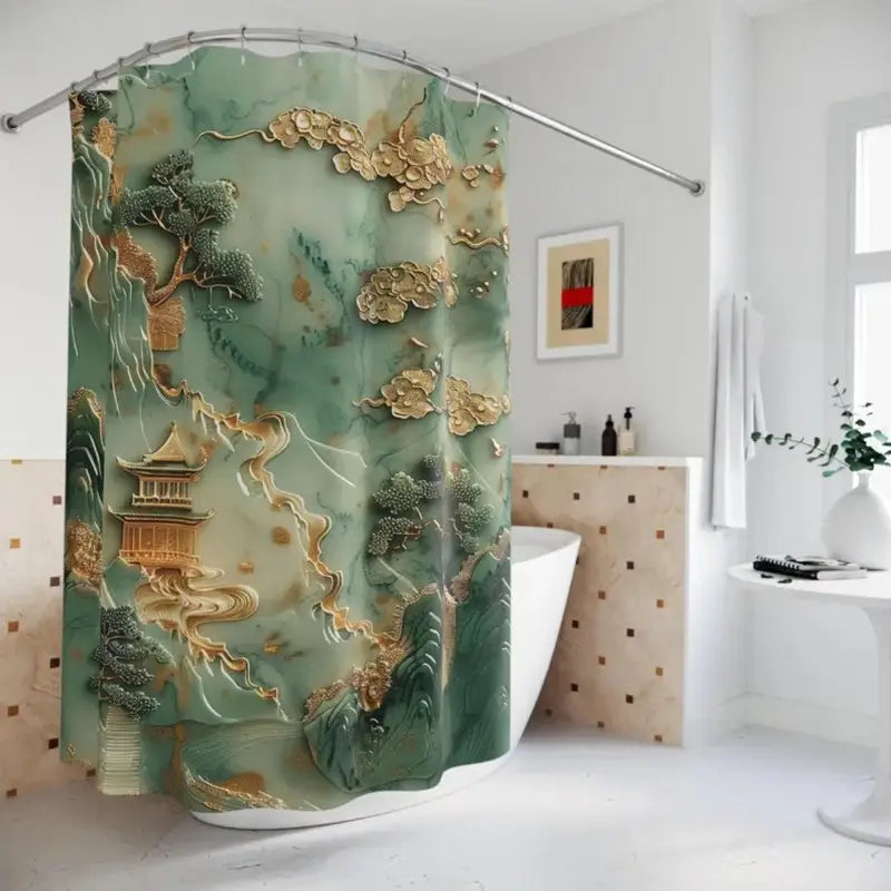 Floraweg 3D Oriental Jade Mountain & Pagoda Shower Curtain Main image