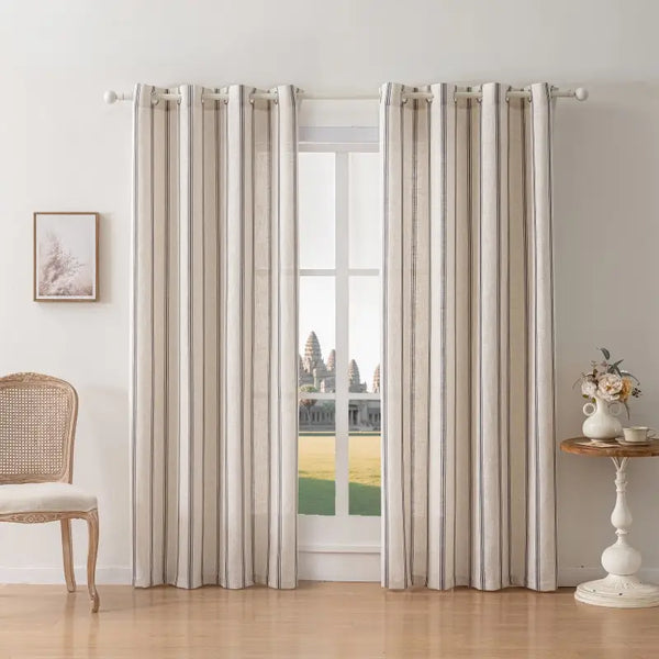 Farmhouse Black & Beige Striped Linen Curtains