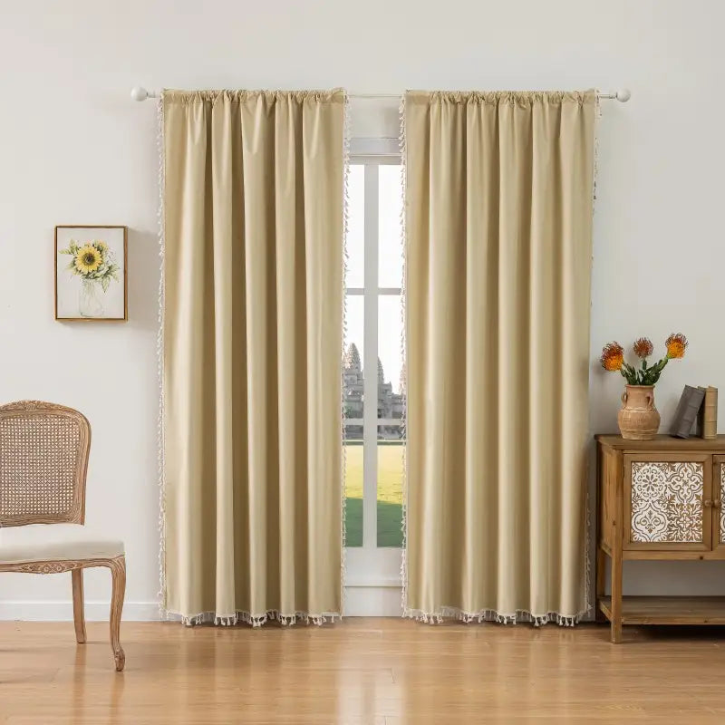 Boho Beige Blackout Curtains with Tassels