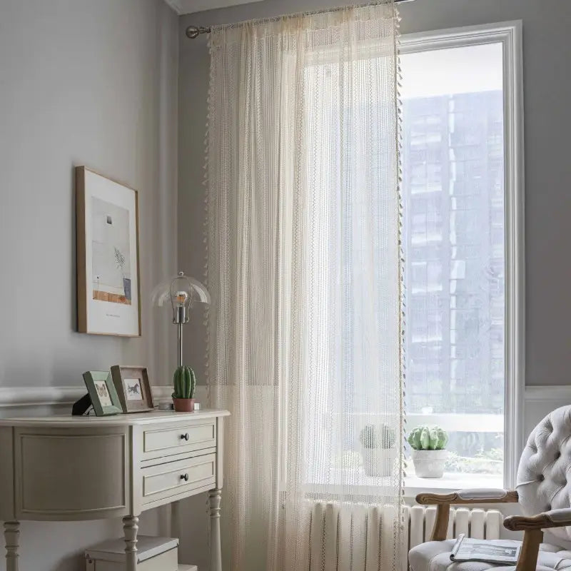 Boho beige gehaakte kanten vitrage met kwastjes