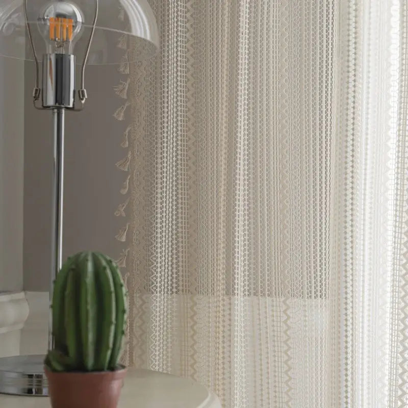Boho beige gehaakte kanten vitrage met kwastjes