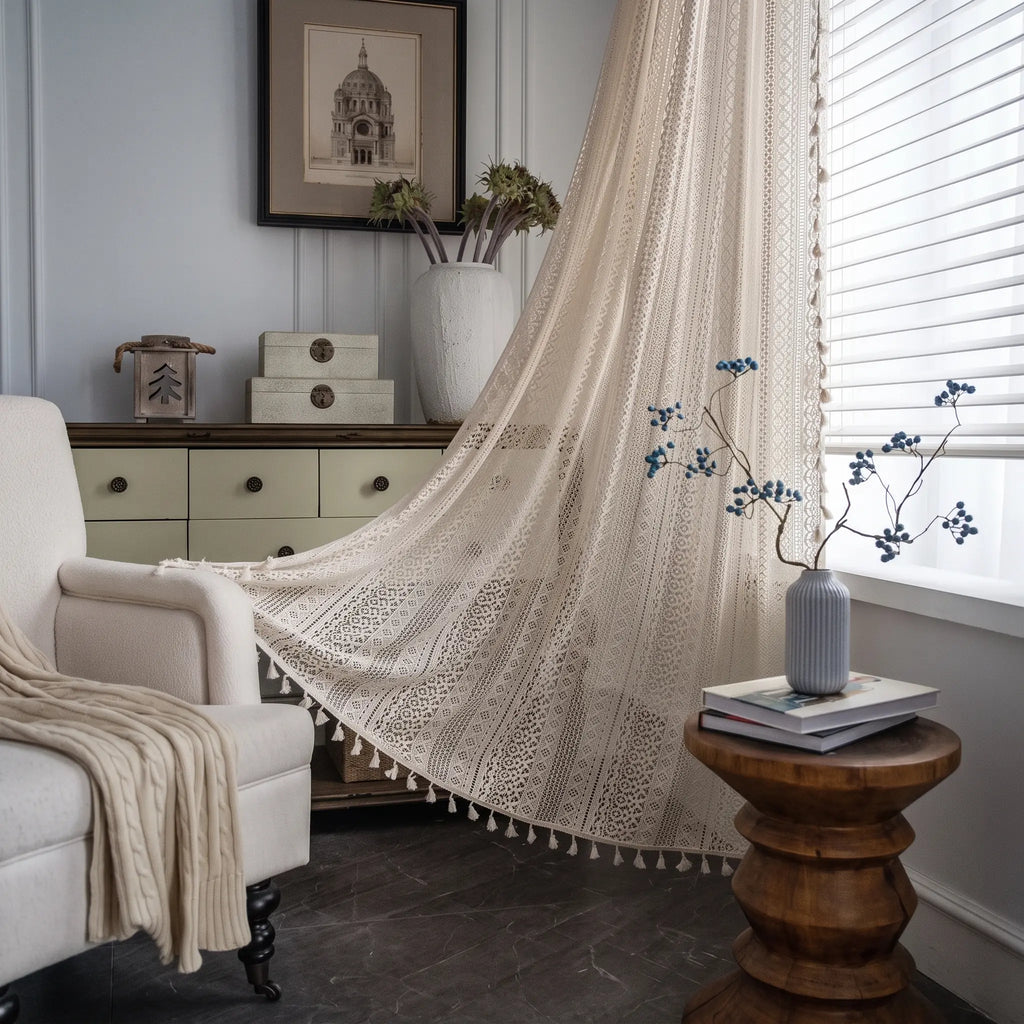 Romantic Beige Crochet Lace Window Curtains