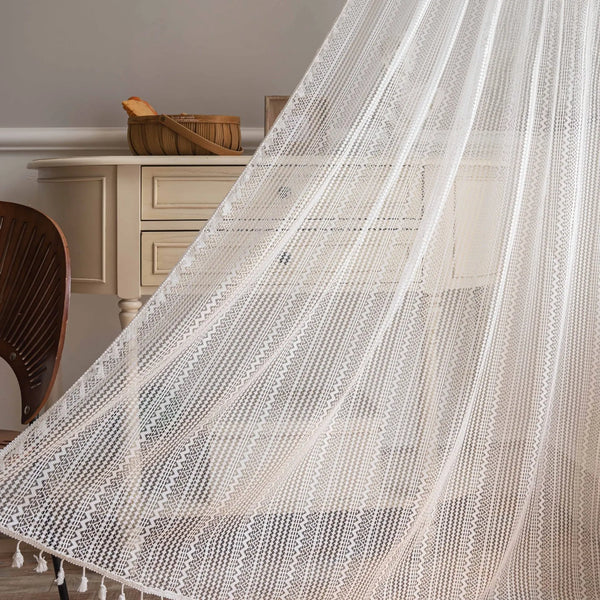 Boho beige gehaakte kanten vitrage met kwastjes