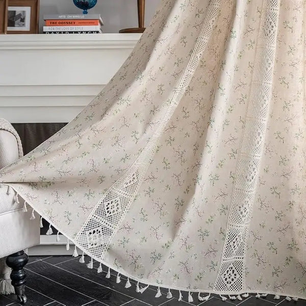 Beige Boho Floral Linen Look Curtains