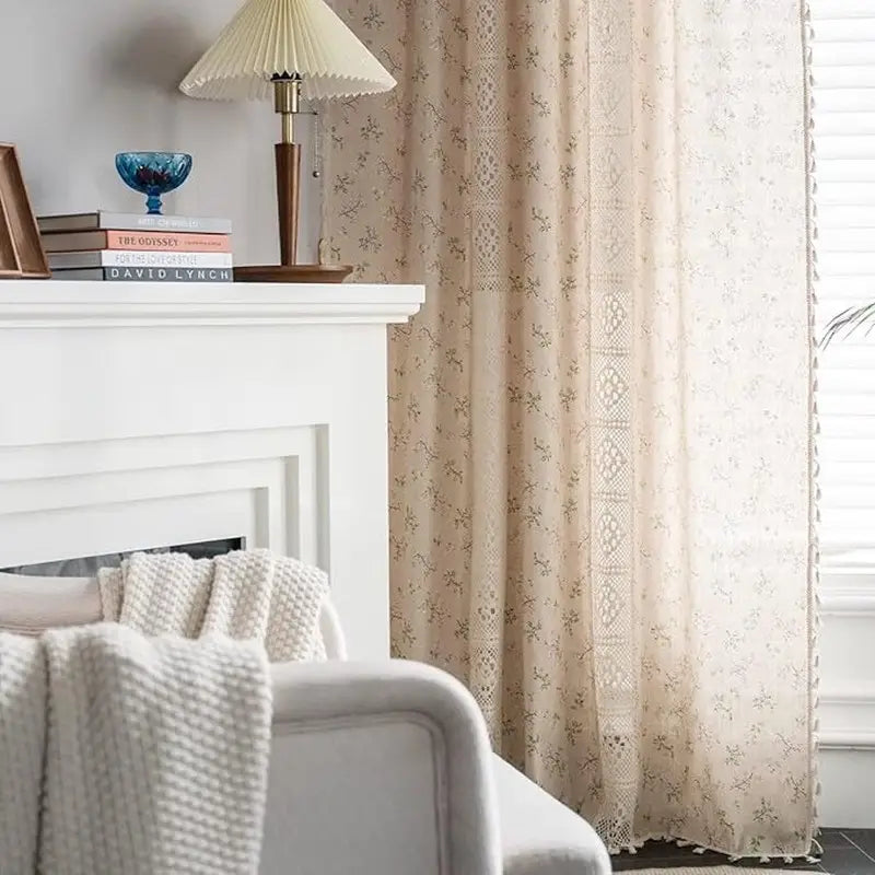 Beige Boho Floral Linen Look Curtains