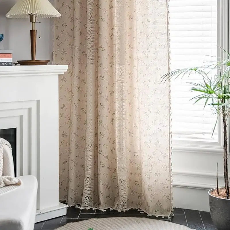 Beige Boho Floral Linen Look Curtains