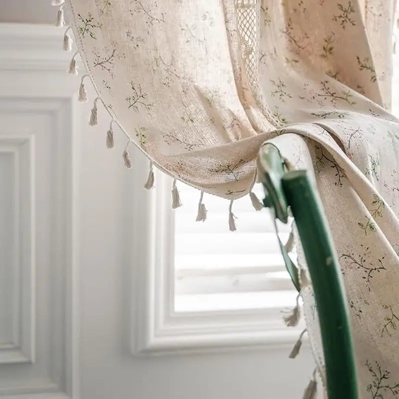 Beige Boho Floral Linen Look Curtains