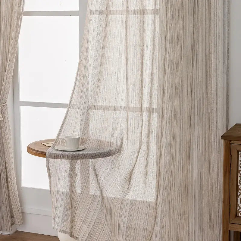 Beige & Brown Striped Linen Textured Sheer Curtains Secondary image