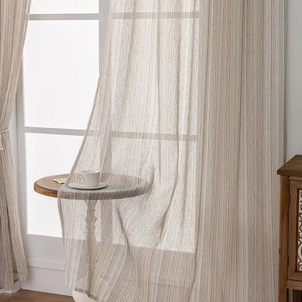 Beige & Brown Striped Linen Textured Sheer Curtains