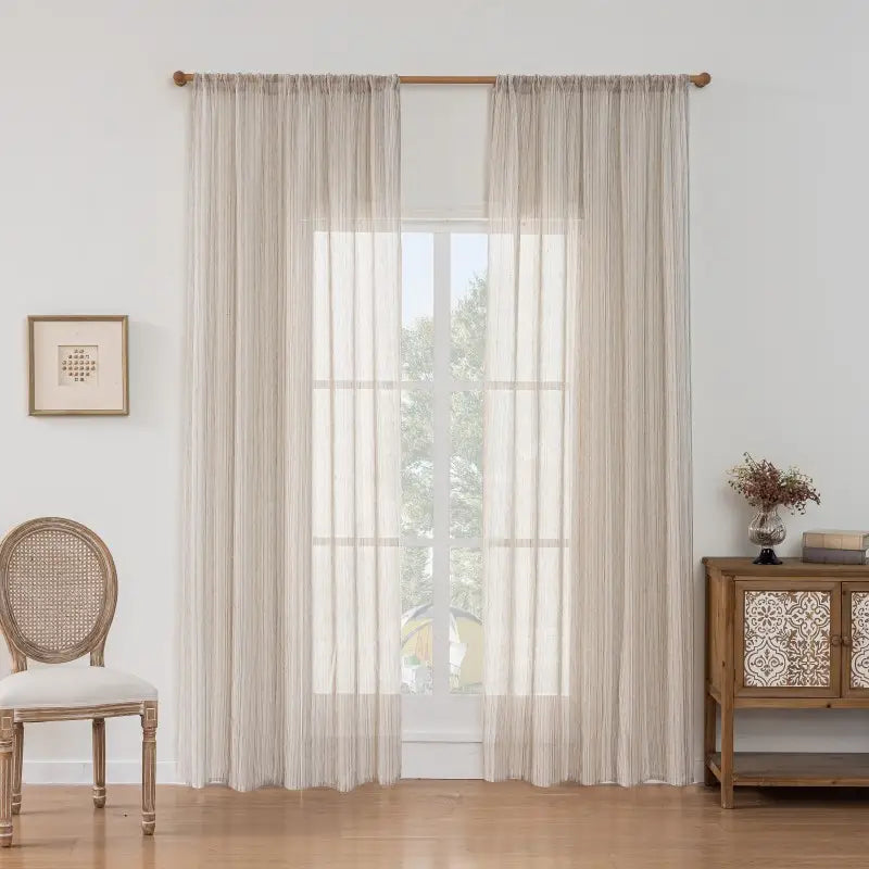 Beige & Brown Striped Linen Textured Sheer Curtains