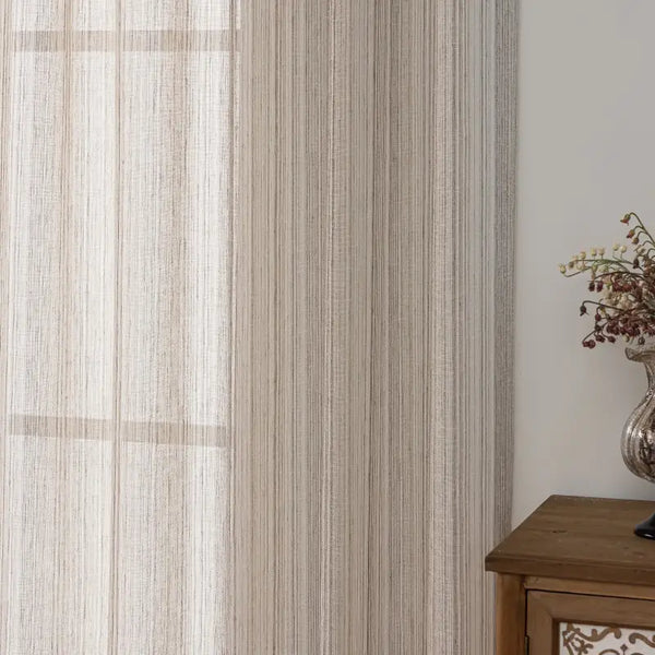 Beige & Brown Striped Linen Textured Sheer Curtains
