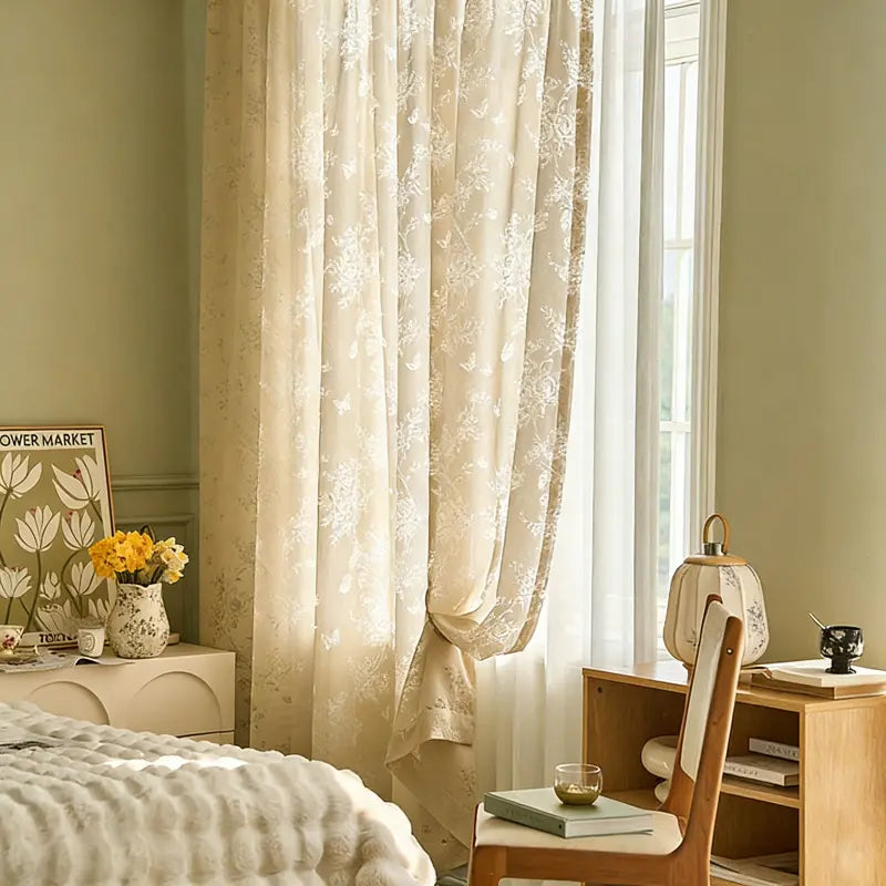 French Country Beige Floral & Butterfly Sheer Curtains