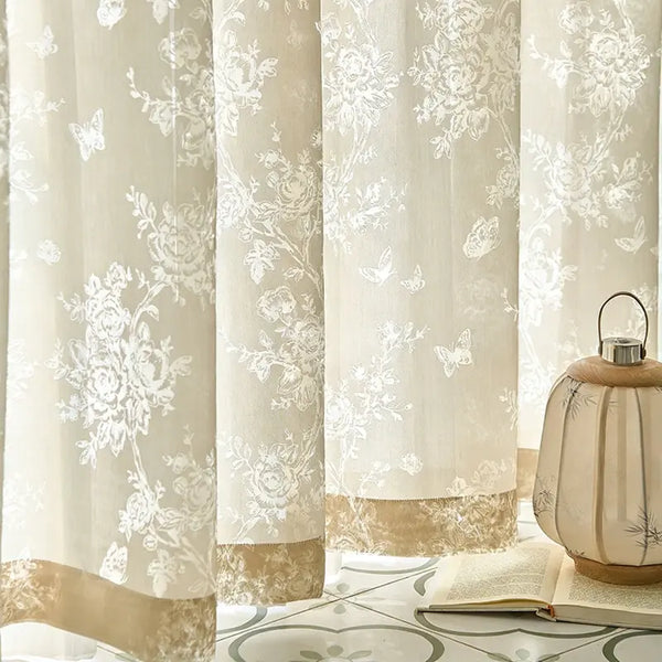 French Country Beige Floral & Butterfly Sheer Curtains
