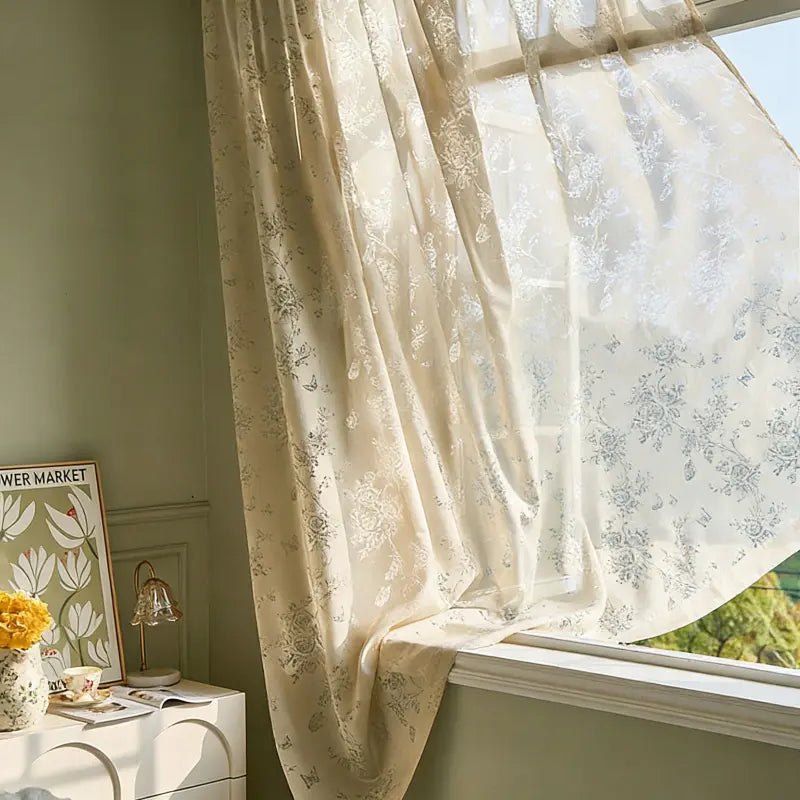French Country Beige Floral & Butterfly Sheer Curtains