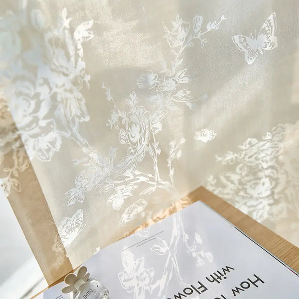 French Country Beige Floral & Butterfly Sheer Curtains