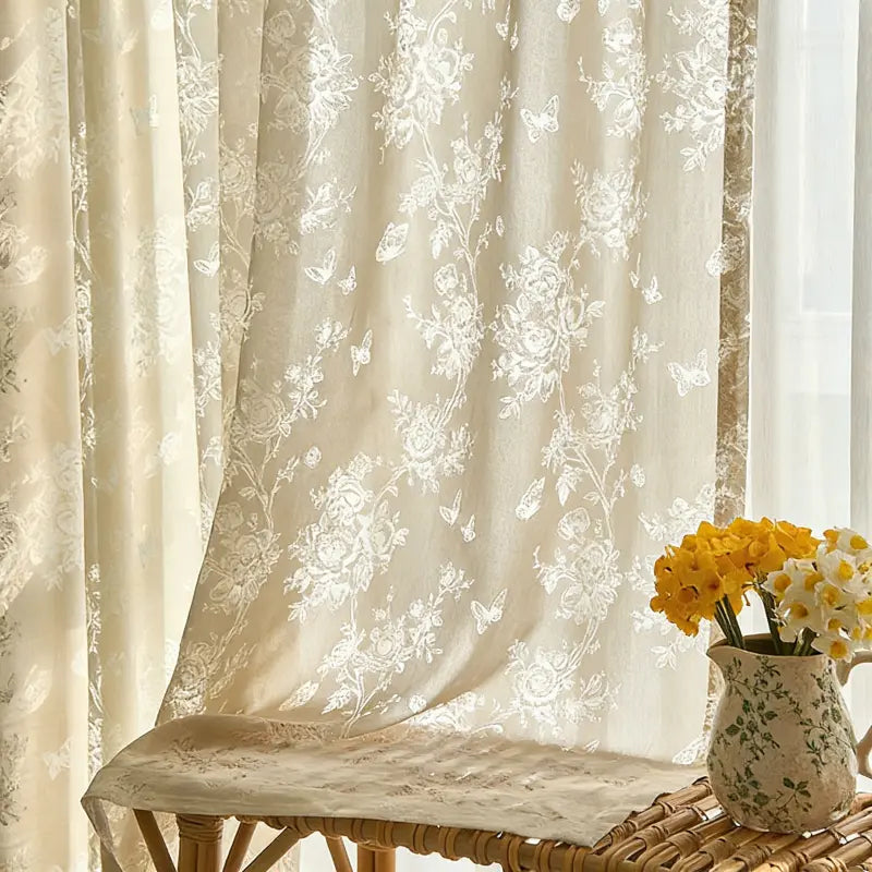 French Country Beige Floral & Butterfly Sheer Curtains