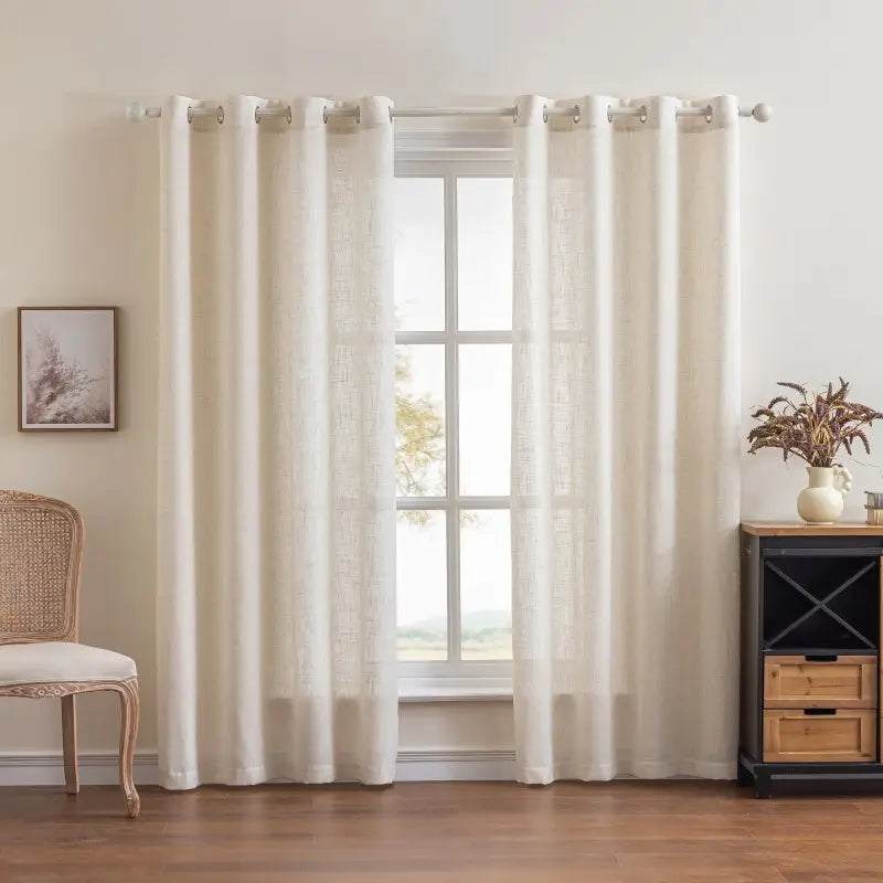 Beige Linen-Look Sheer Grommet Curtains Main image