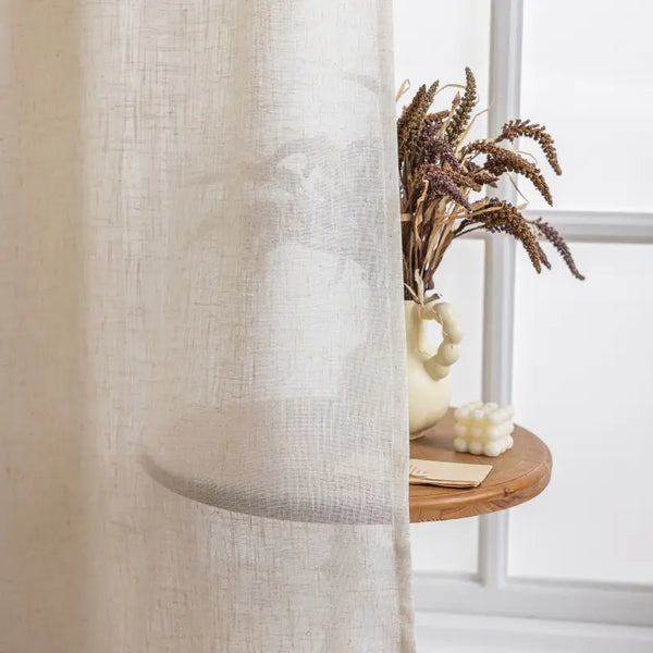 Beige Linen-Look Sheer Grommet Curtains