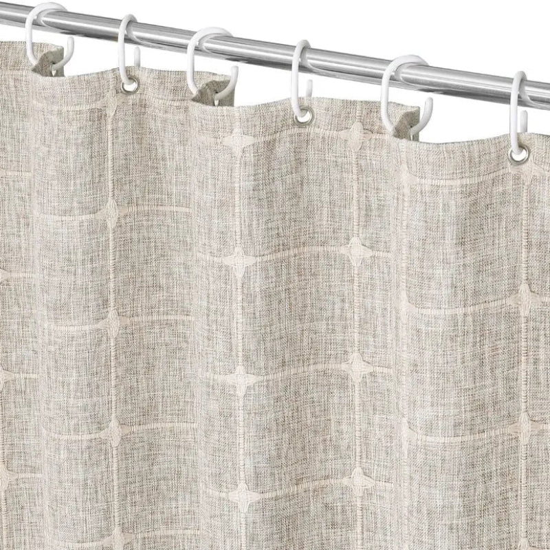 Floraweg Beige Embroidered Linen Shower Curtain