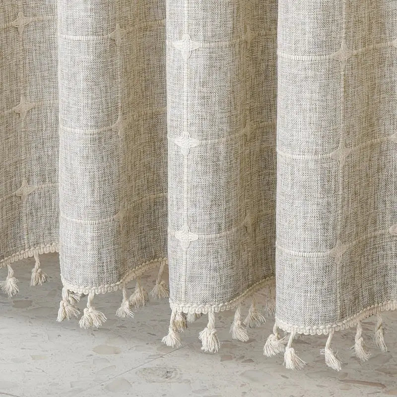 Floraweg Beige Embroidered Linen Shower Curtain