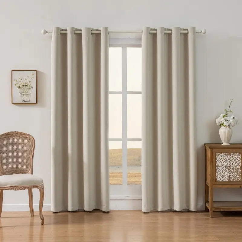 Beige Textured Faux Linen Blackout Curtains