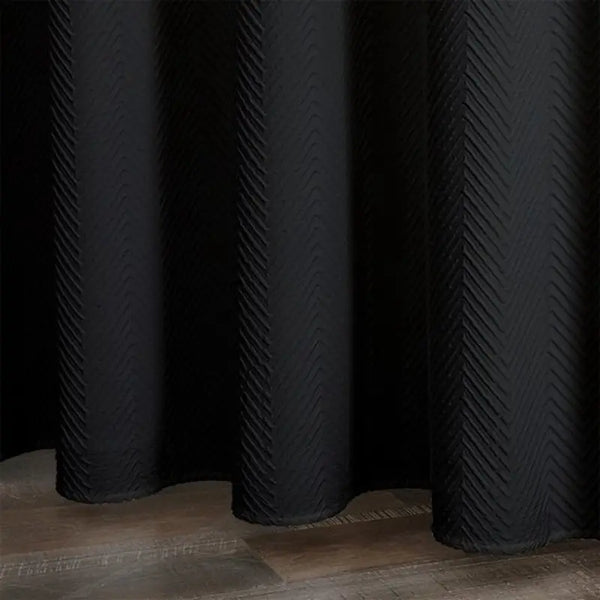 Floraweg Solid Black Herringbone Textured Fabric Shower Curtain