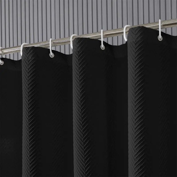 Floraweg Solid Black Herringbone Textured Fabric Shower Curtain