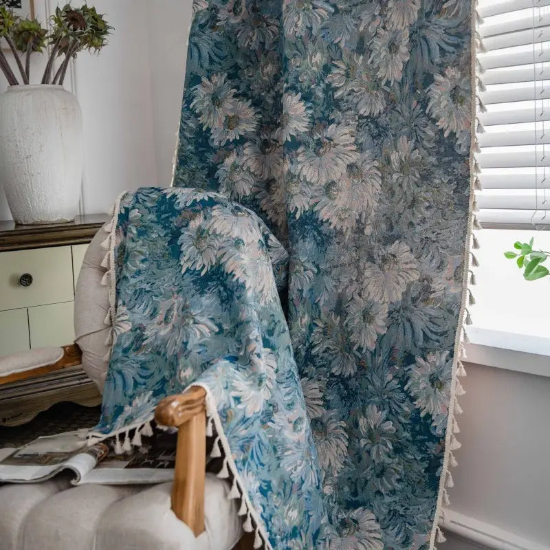 Boho blauwe bloemen jacquard gordijnen Secundaire afbeelding
