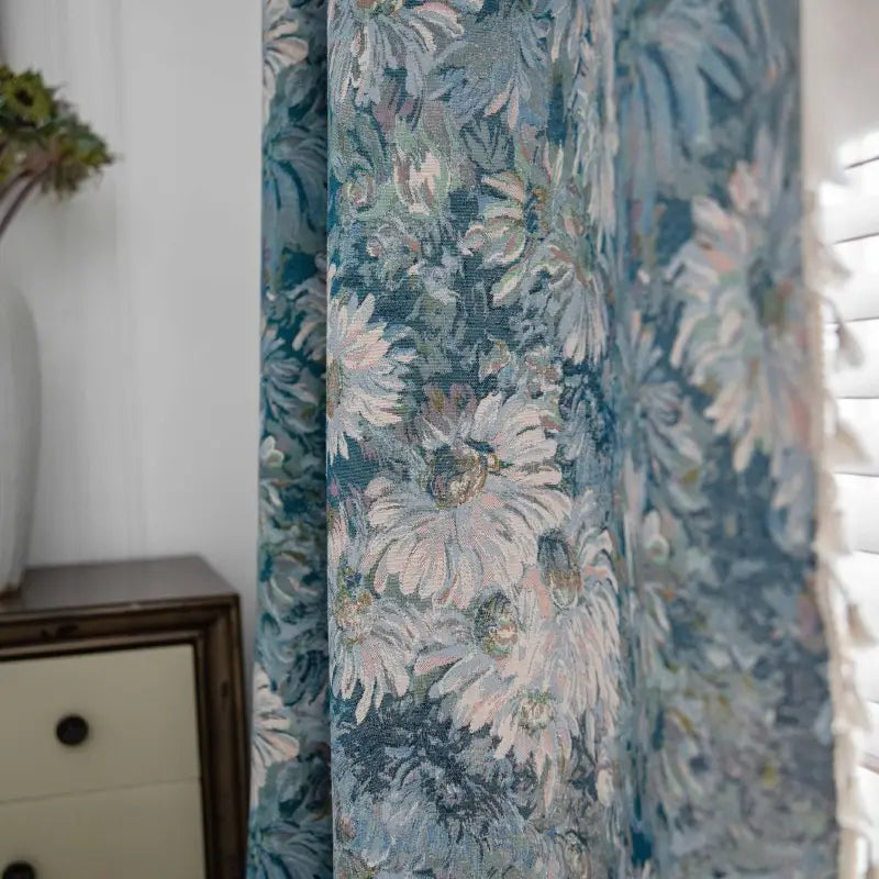 Boho Blue Floral Jacquard Window Curtains