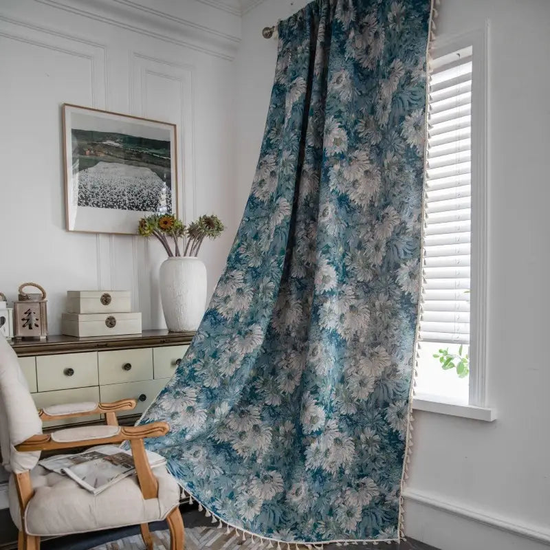 Boho Blue Floral Jacquard Window Curtains