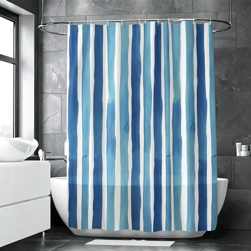 Floraweg Nautical Blue Watercolor Stripe Shower Curtain Main image