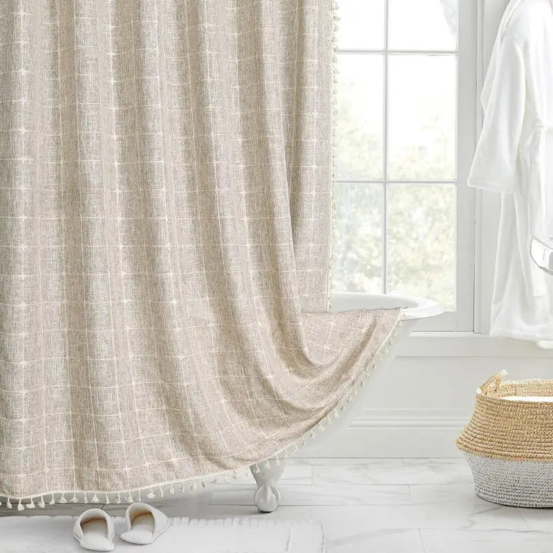 Floraweg Beige Embroidered Linen Shower Curtain Main image