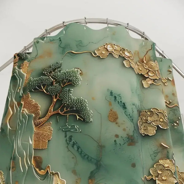 Floraweg 3D Oriental Jade Mountain & Pagoda Shower Curtain