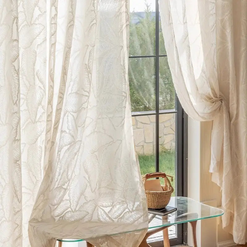 Cream Burnt-Out Leaf Sheer Curtains