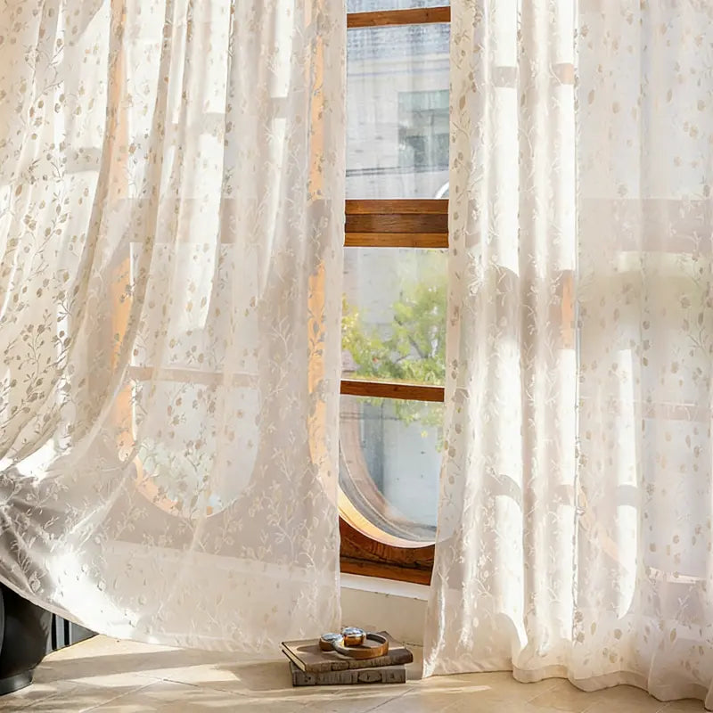 Cream Floral Vine Embroidered Sheer Curtains Main image