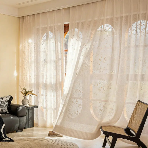 Cream Floral Vine Embroidered Sheer Curtains
