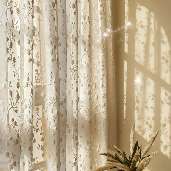 Cream Floral Vine Embroidered Sheer Curtains