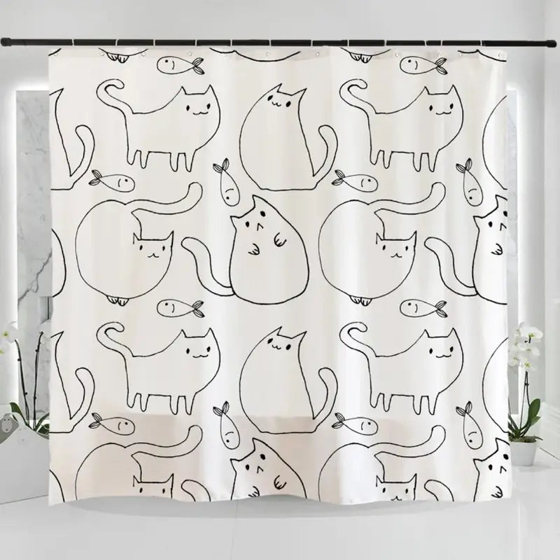 Floraweg Funny Cat Line Art & Fish Pattern Shower Curtain