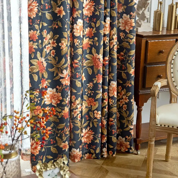 Dark Blue Vintage Floral Blackout Curtains