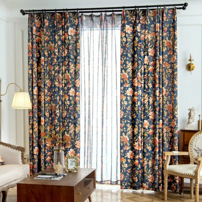 Dark Blue Vintage Floral Blackout Curtains