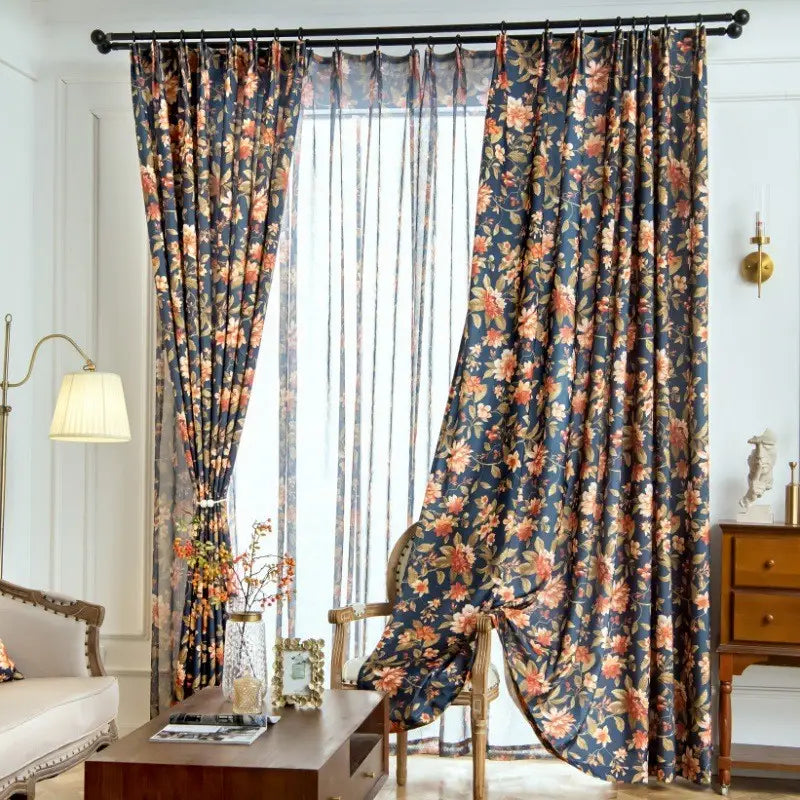 Dark Blue Vintage Floral Blackout Curtains