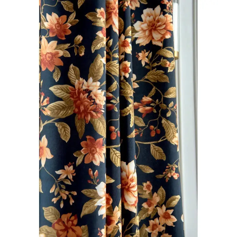 Dark Blue Vintage Floral Blackout Curtains