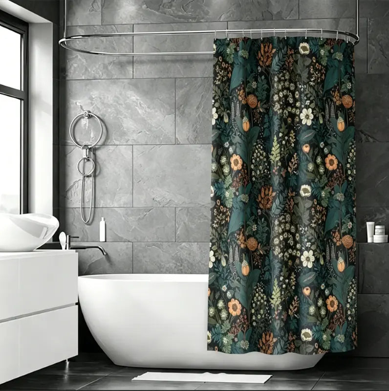 Floraweg Dark Moody Botanical Floral Shower Curtain