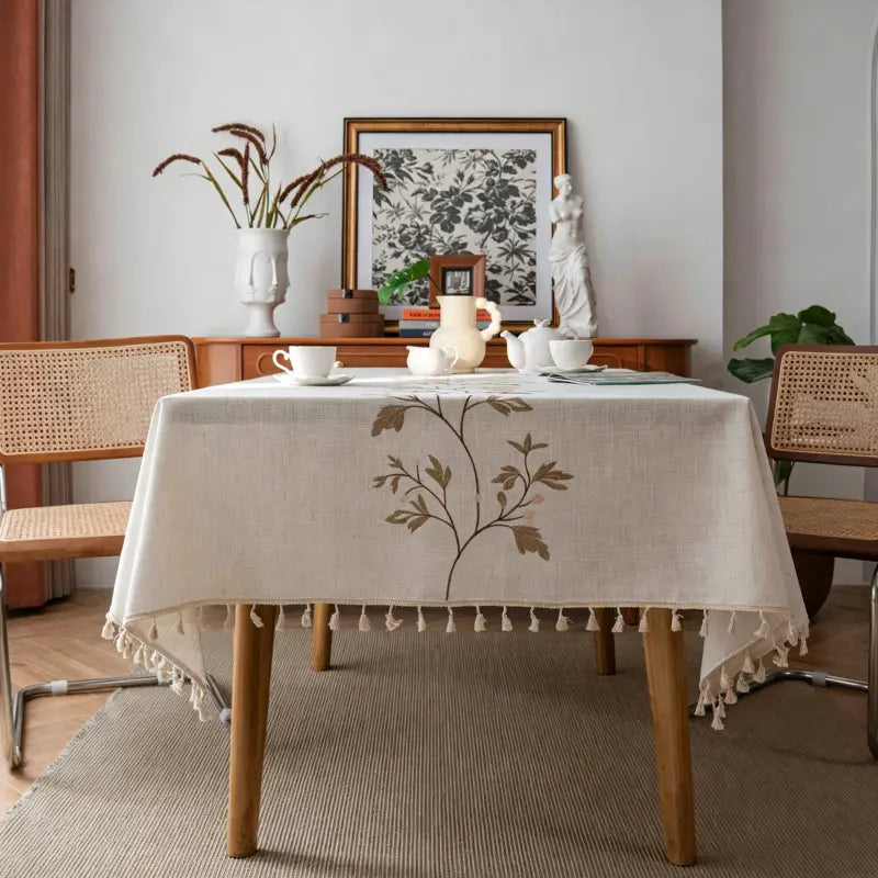 Embroidered Botanical Vine Linen-Look Tablecloth