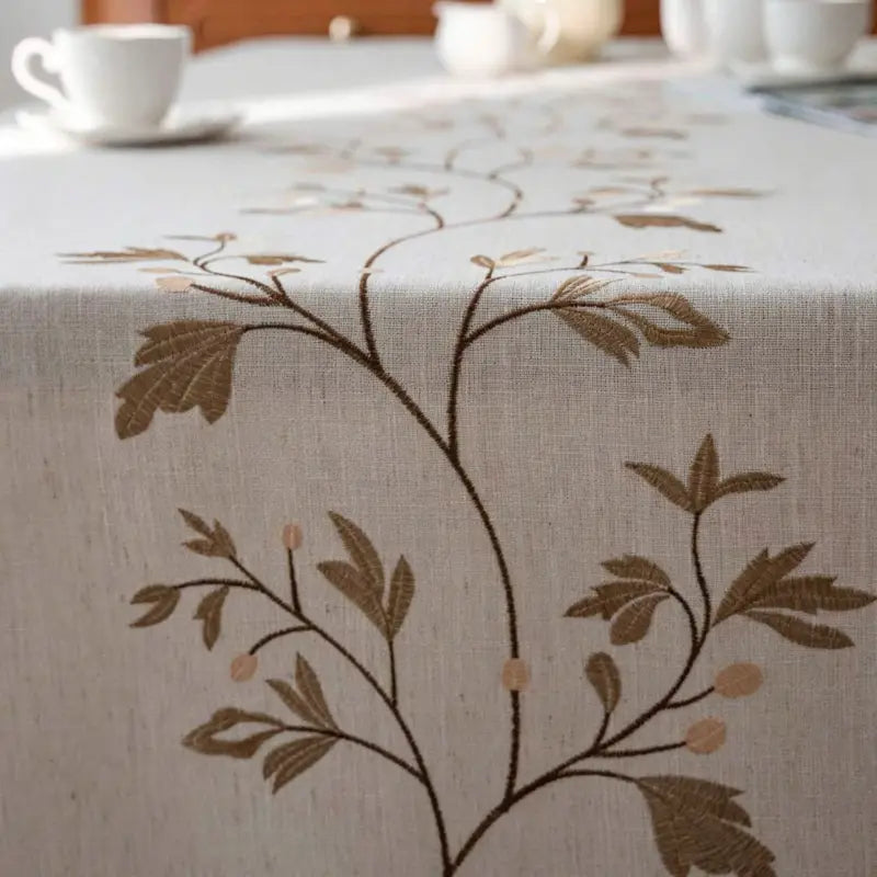 Embroidered Botanical Vine Linen-Look Tablecloth