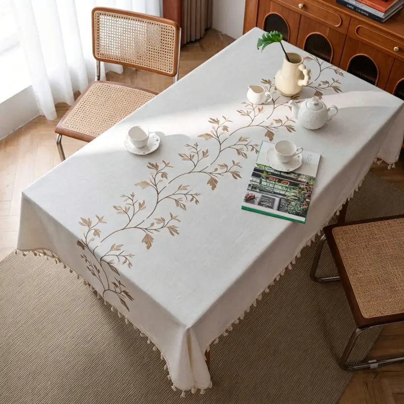 Embroidered Botanical Vine Linen-Look Tablecloth