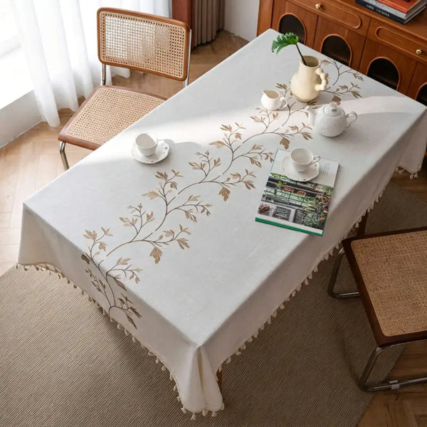 Embroidered Botanical Vine Linen-Look Tablecloth