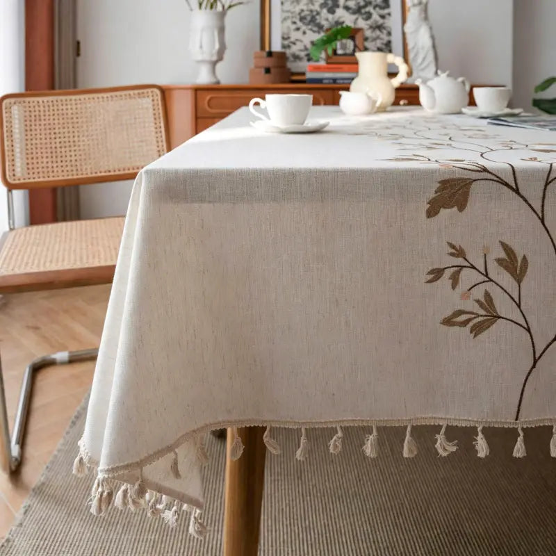 Embroidered Botanical Vine Linen-Look Tablecloth