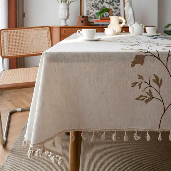 Embroidered Botanical Vine Linen-Look Tablecloth