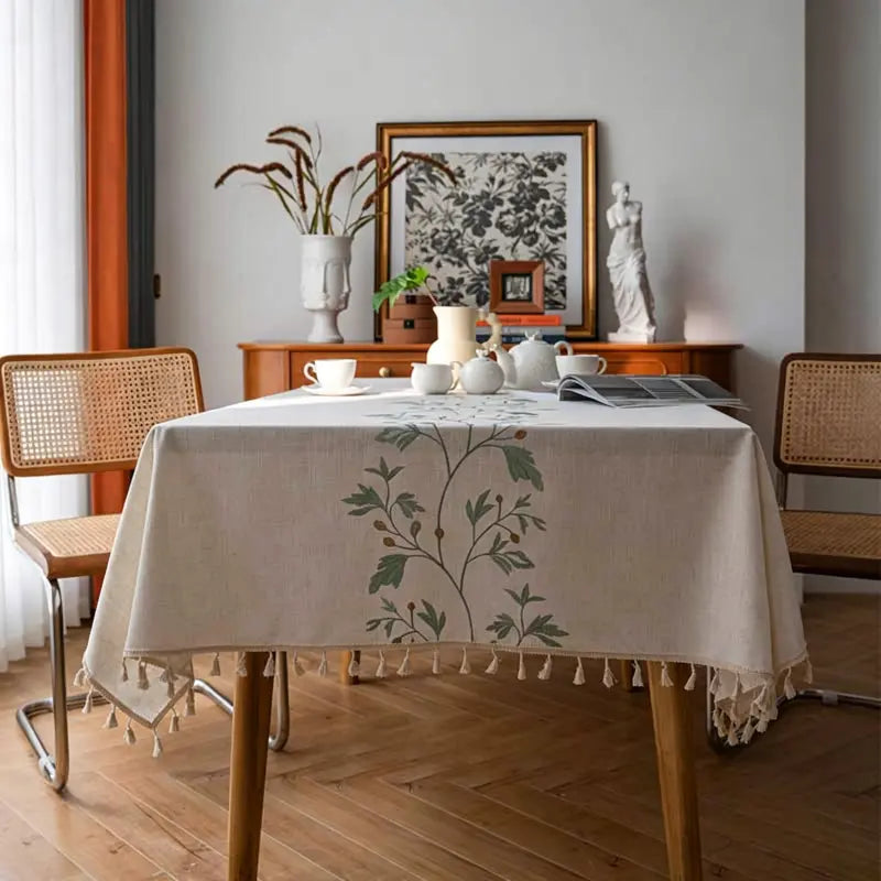 Embroidered Botanical Vine Linen-Look Tablecloth